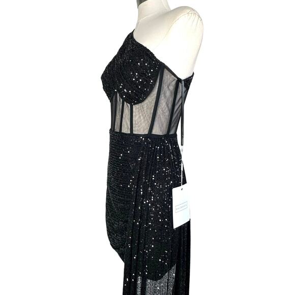 Mac Duggal One Shoulder Sequin Mini Dress Sheer Bustier Side Drape Black 20686 - Picture 15 of 16